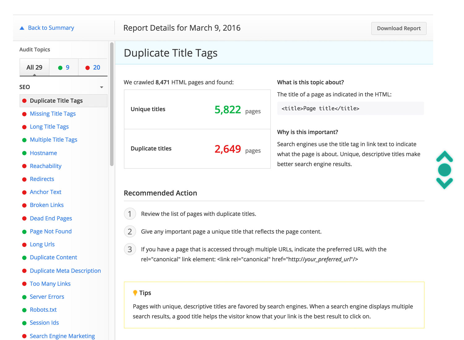 Alexa Site Audit - infinite scroll navigation